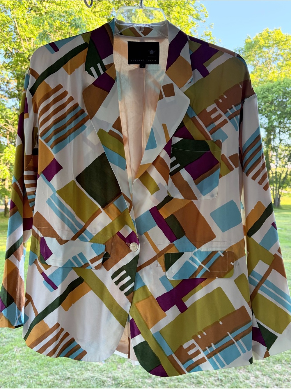VTG Burning Torch 100% Silk Blazer Jacket S Multicolor Geometric Lined Colorful